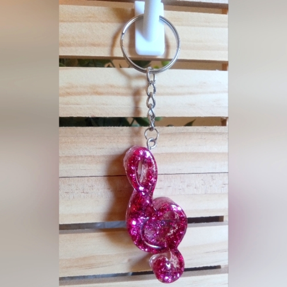 Pink Glitter Treble Clef Keychain